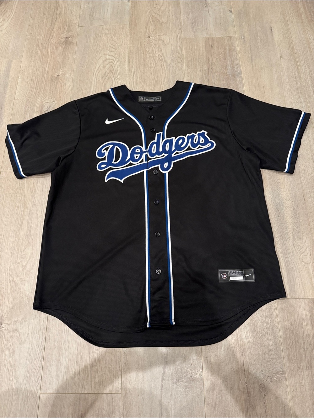 Nike Black Dodgers Button-Up Jersey with Blue and White Trim